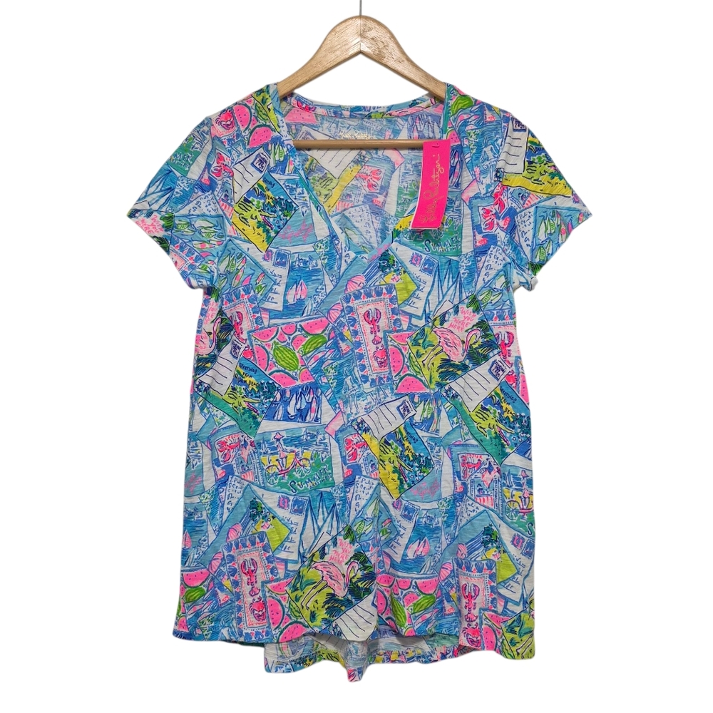 Lilly Pulitzer Etta V-Neck T-Shirt “Wish You Were Here" - SIZE Medium - NWT - Picture 2 of 6